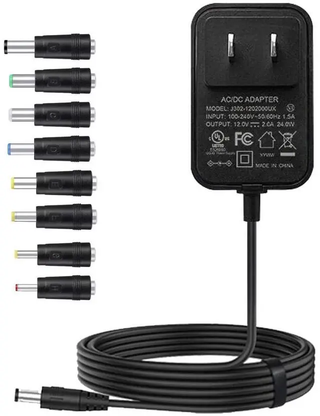 Main image of 12V Power Supply 2A 12 Volt AC Adapter 100-240v 50-60hz Switching Adapter with 5.5 x 2.1mm DC Plug and 8 Tips Power Cord for LED Strip Light, CCTV Camera, Router, BT Speaker DC12V Transformer 1.5m