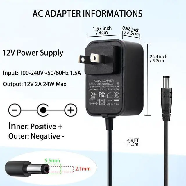 Alt view image 2 of 7 - 12V Power Supply 2A 12 Volt AC Adapter 100-240v 50-60hz Switching Adapter with 5.5 x 2.1mm DC Plug and 8 Tips Power Cord for LED Strip Light, CCTV Camera, Router, BT Speaker DC12V Transformer 1.5m