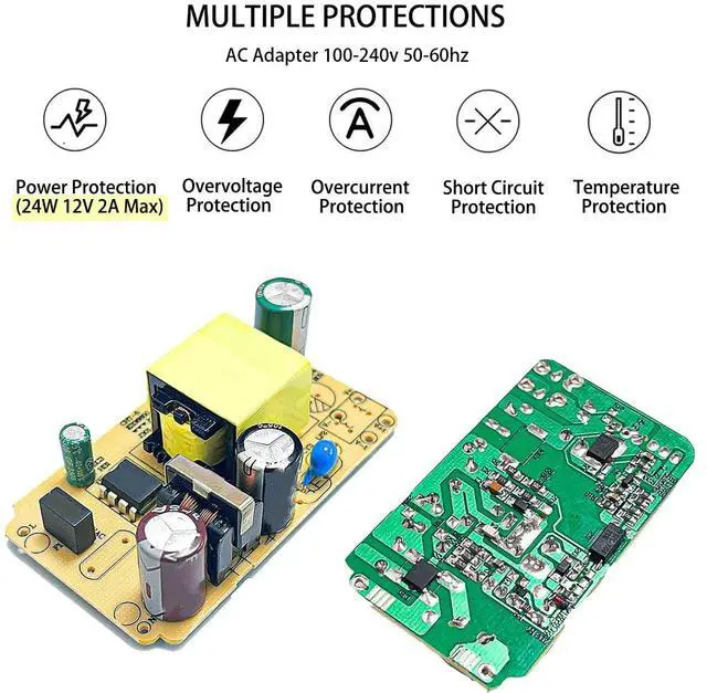 Alt view image 5 of 7 - 12V Power Supply 2A 12 Volt AC Adapter 100-240v 50-60hz Switching Adapter with 5.5 x 2.1mm DC Plug and 8 Tips Power Cord for LED Strip Light, CCTV Camera, Router, BT Speaker DC12V Transformer 1.5m