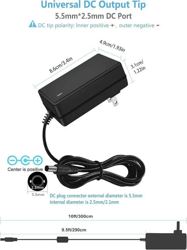 Alt view image 3 of 6 - DC 12V 2Amp Power Adapter Supply 100-240 50/60Hz to 12 Volts Power Supply 2a AC/DC Transformer,10ft DC 12V Power Cord, 5.5mm x 2.5mm Barrel Plug (10FT)
