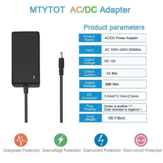 Alt view image 2 of 6 - DC 12V 2Amp Power Adapter Supply 100-240 50/60Hz to 12 Volts Power Supply 2a AC/DC Transformer,10ft DC 12V Power Cord, 5.5mm x 2.5mm Barrel Plug (10FT)