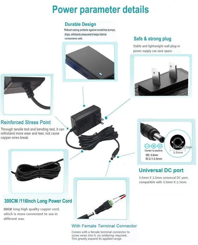 Alt view image 4 of 6 - DC 12V 2Amp Power Adapter Supply 100-240 50/60Hz to 12 Volts Power Supply 2a AC/DC Transformer,10ft DC 12V Power Cord, 5.5mm x 2.5mm Barrel Plug (10FT)