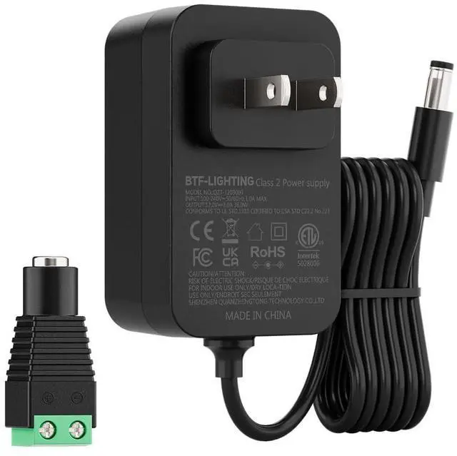 Main image of 12V 36W ETL Listed Power Supply Adapter, 100-240V AC to 12V DC 3A Converter,Class 2 Transformer with 5.5mm x 2.1mm DC Jack, Wall Plug for Low Voltage LED Lights, CCTV Camera, Electronics