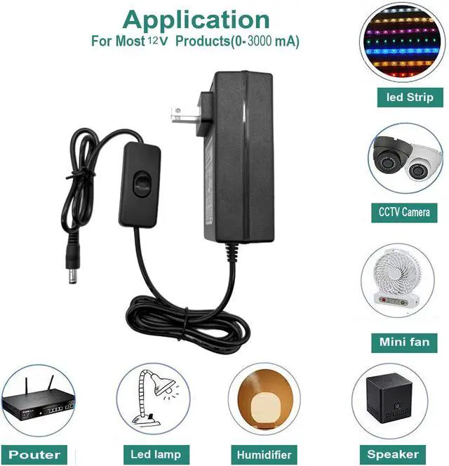 Alt view image 7 of 7 - 12V 3A Power Adapter 100-240V 50-60Hz AC to DC Switching Adapter DC 12V Power Supply Cord 5.5x2.5mm Plug for Light Security CCTV Camera