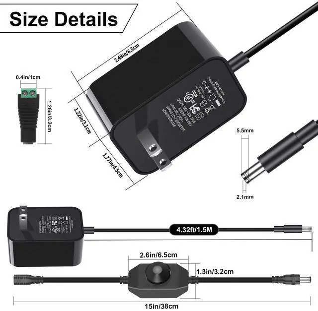 Alt view image 2 of 6 - 12V 3A Power Adapter, AC 100-240V to DC 12V 36W Adapter Transformers Converter with Dimmer Switch,12Volt 3Amp Power Supply Charger with 5.5mmx2.1mm DC Output Jack for LED Light LCD MonitorUL Listed