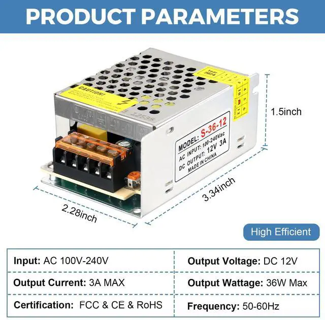 Alt view image 2 of 7 - 12V 3A Power Supply 36W AC/DC Adapter Switching Power Transformer AC 100V-240V to DC 12 Volt 3 Amp Converter Low Voltage Output for LED Strip Light Security System CCTV Camera