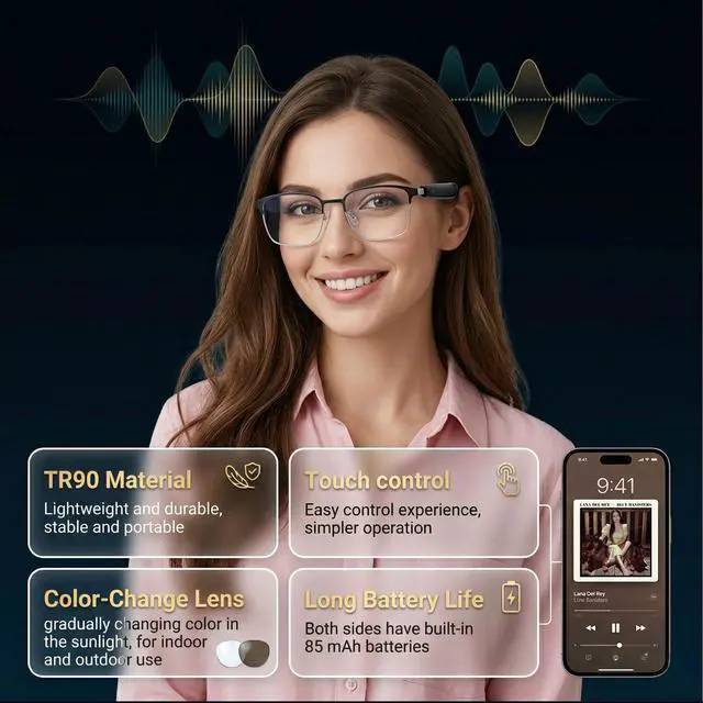 Alt view image 2 of 7 - AI Smart Translation Glasses, Photochromic Lenses | 164 Language Voice Translator,Open-Ear Bluetooth with Speakers, Lightweight 170mAh Battery, For Men Women Travel and Work