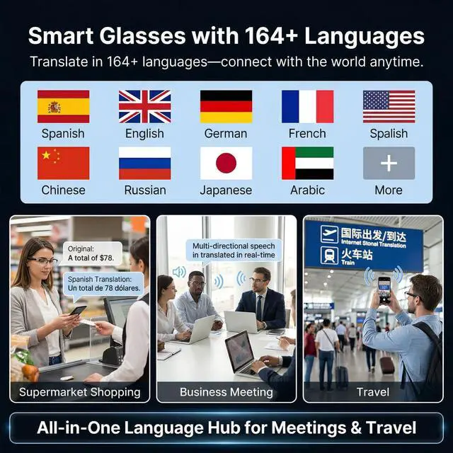Alt view image 4 of 7 - AI Smart Translation Glasses, Photochromic Lenses | 164 Language Voice Translator,Open-Ear Bluetooth with Speakers, Lightweight 170mAh Battery, For Men Women Travel and Work