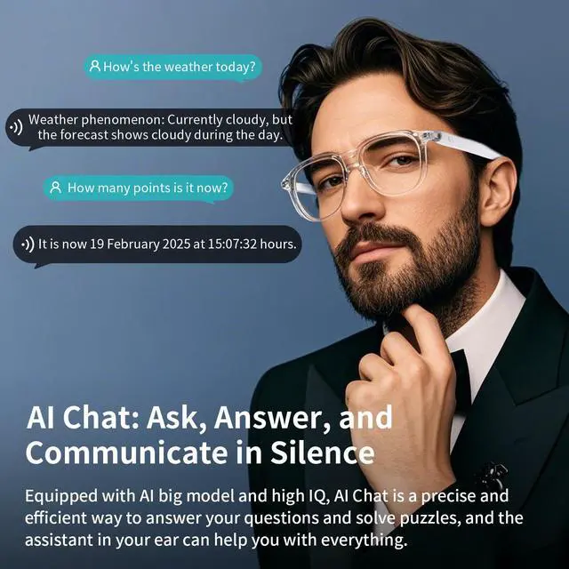 Alt view image 7 of 7 - Bluetooth Glasses with AI Translation, Smart Glasses Open-Ear Audio | Bluetooth 5.3, AI Translation 169 Languages, Touch Control, Hands-Free Calls & Music, Built-in Mic & Speakers, Clear Frame