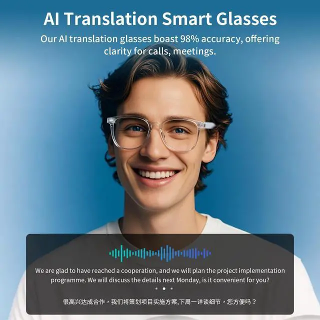 Alt view image 6 of 7 - Bluetooth Glasses with AI Translation, Smart Glasses Open-Ear Audio | Bluetooth 5.3, AI Translation 169 Languages, Touch Control, Hands-Free Calls & Music, Built-in Mic & Speakers, Clear Frame