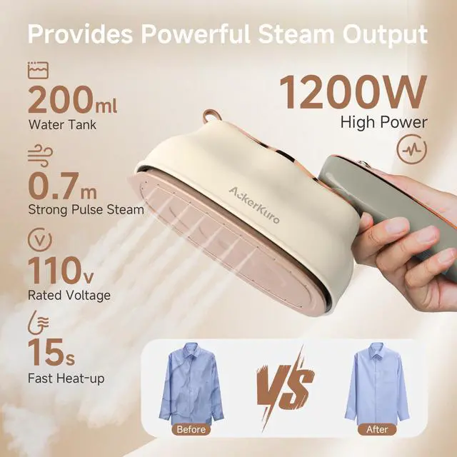 Alt view image 3 of 7 - Steamer For Clothes, Steamer Iron 2 In 1,Portable Handheld travel Steam,1200W 15s Heat Up for Travel Size,Wrinkle Remover,200ml Tank,3 Modes for dress shirts for home travel,Beige, 120V