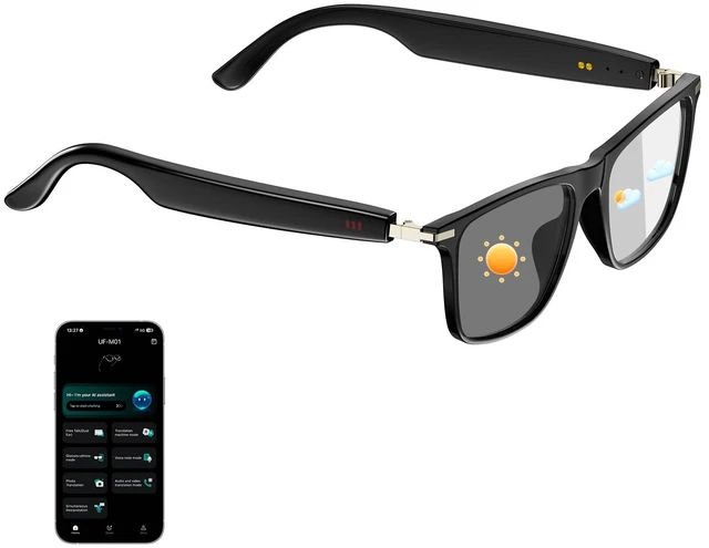 Main image of AI Bluetooth Glasses with Speakers, UV400 Smart Sunglasses for Men Women Black Frame With Real-Time Translation, Free App, Photochromic Lens And Touch Control For Work Commuting Driving And Daily Us