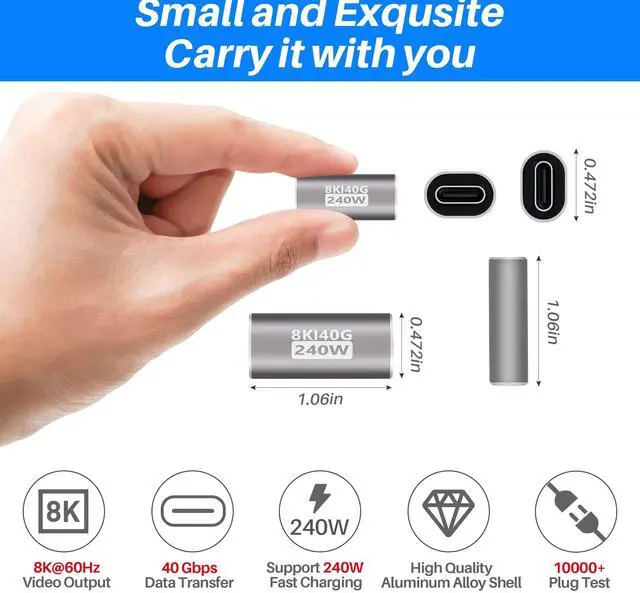 Alt view image 2 of 5 - 240W USB Type-C Coupler 4 Pack, USB 4.0 Type C Female to Female Extender Adapter Connector Support 240W PD 3.1 Fast Charging,40Gbps Data Transfer,8K@60Hz Video Output (Compatible with Thunderbolt 4/3)