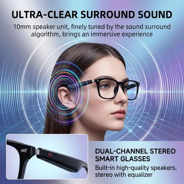 Alt view image 2 of 7 - AI Smart Glasses, 164 Language Translation Glasses, Bluetooth Glasses with Speakers for Music and Calls, Photochromic Lenses, 170mAh Battery for Men Women, Travel, Work and Sports