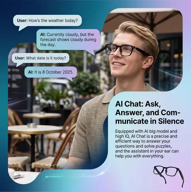 Alt view image 3 of 7 - AI Smart Glasses, 164 Language Translation Glasses, Bluetooth Glasses with Speakers for Music and Calls, Photochromic Lenses, 170mAh Battery for Men Women, Travel, Work and Sports