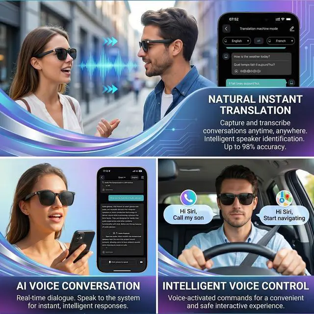 Alt view image 6 of 7 - AI Smart Glasses, 164 Language Translation Glasses, Bluetooth Glasses with Speakers for Music and Calls, Photochromic Lenses, 170mAh Battery for Men Women, Travel, Work and Sports