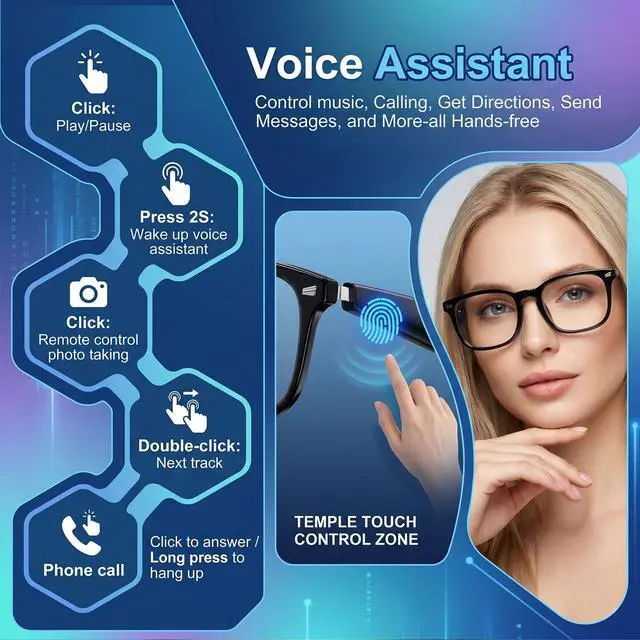 Alt view image 7 of 7 - AI Smart Glasses, 164 Language Translation Glasses, Bluetooth Glasses with Speakers for Music and Calls, Photochromic Lenses, 170mAh Battery for Men Women, Travel, Work and Sports