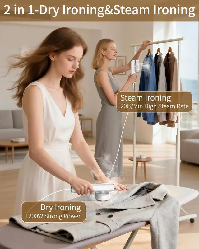 Alt view image 6 of 7 - Steamer for Clothes, 2-in-1 Steam Iron, 1200W Handheld Steamer with 10s Fast Heat-Up, Travel Steamer for Fast Wrinkle Removal, Portable Garment Steamer for Travel and Home -White, 110-120V