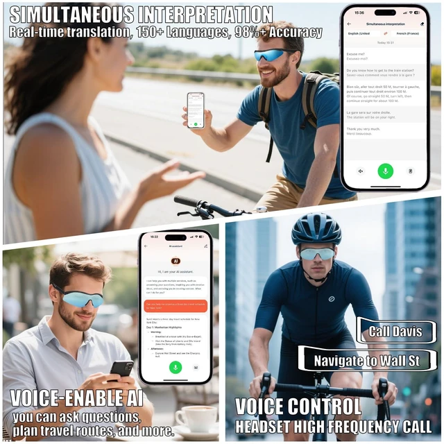 Alt view image 5 of 6 - Smart Glasses,AI Glasses,Bluetooth Sunglasses for Men/Women 150+ Languages Real-time Translation,Nano IPX7 Waterproof,Open Ear Headphones,Phone Voice/Touch Control Travel Cycling