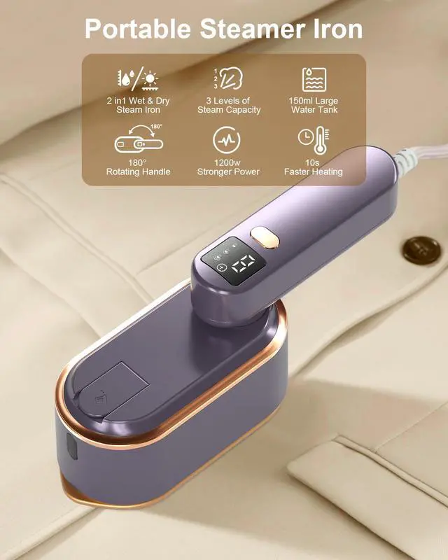 Alt view image 2 of 7 - Travel Steamer Iron for Clothes - 1200W Handheld Size Portable Travel Steamer, 3 Steam Levels Clothes Steamer with LCD Screen, 10S Fast Heat-up Steamer for Dress Shirt Home Travel (Gray Purple)