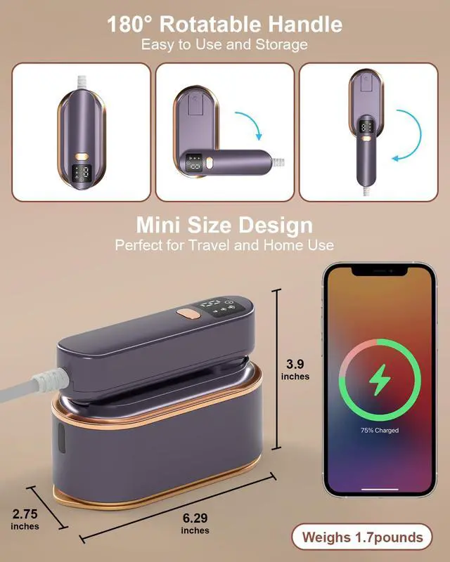 Alt view image 5 of 7 - Travel Steamer Iron for Clothes - 1200W Handheld Size Portable Travel Steamer, 3 Steam Levels Clothes Steamer with LCD Screen, 10S Fast Heat-up Steamer for Dress Shirt Home Travel (Gray Purple)