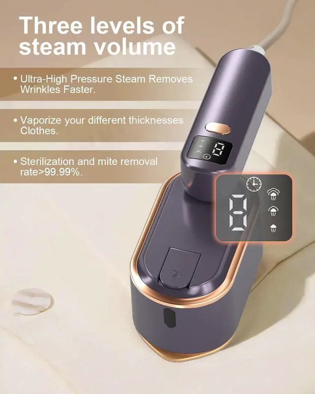 Alt view image 4 of 7 - Travel Steamer Iron for Clothes - 1200W Handheld Size Portable Travel Steamer, 3 Steam Levels Clothes Steamer with LCD Screen, 10S Fast Heat-up Steamer for Dress Shirt Home Travel (Gray Purple)