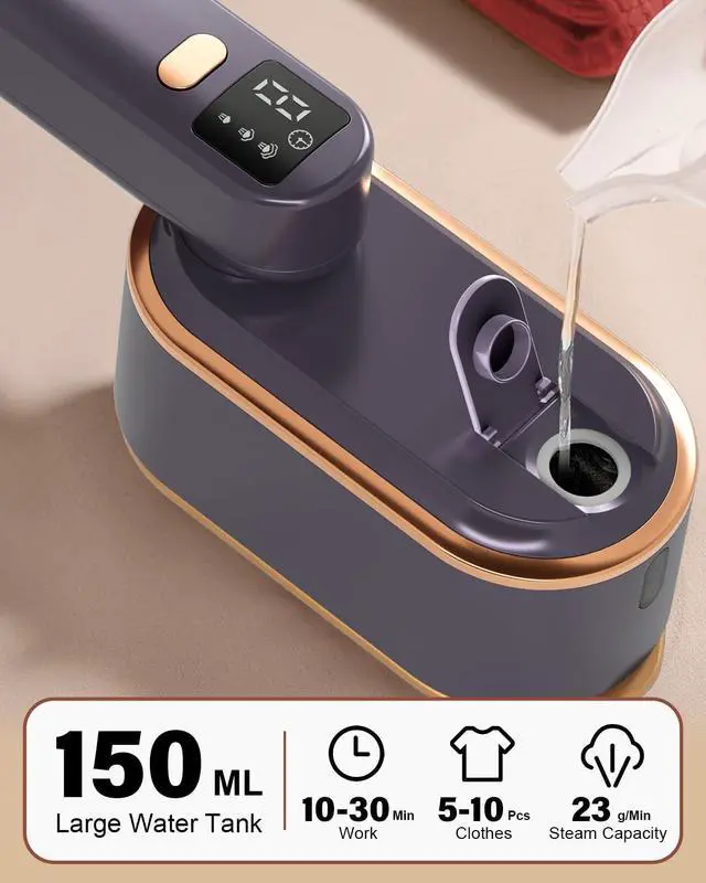 Alt view image 6 of 7 - Travel Steamer Iron for Clothes - 1200W Handheld Size Portable Travel Steamer, 3 Steam Levels Clothes Steamer with LCD Screen, 10S Fast Heat-up Steamer for Dress Shirt Home Travel (Gray Purple)
