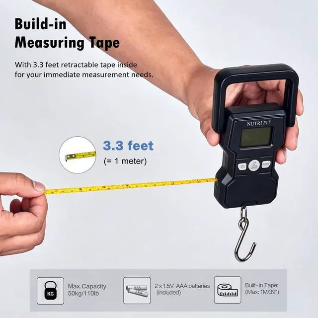 Alt view image 2 of 7 - Luggage Weight Scale 110lb/50kg Hanging Luggage Scale for Suitcase with Comfortable Handle and Large Hook, Portable Fishing Scale, Backlit LCD for Travel with Measuring Tape