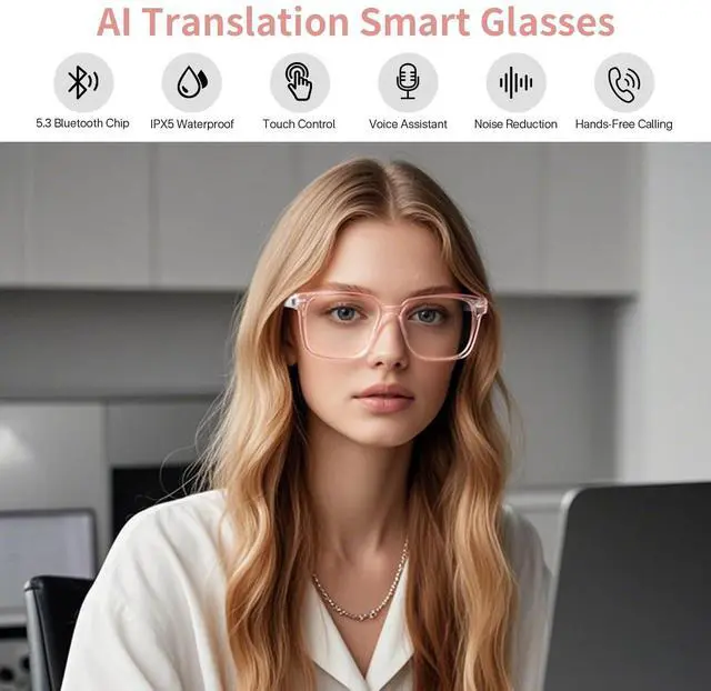 Alt view image 3 of 6 - AI Smart Glasses with Real-Time Translation, Wireless Bluetooth 5.3, Smart Simultaneous Interpretation for 160+ Languages, Open-Ear Design,Clear Frame Blue Light Glasses for Woman Travel,Work