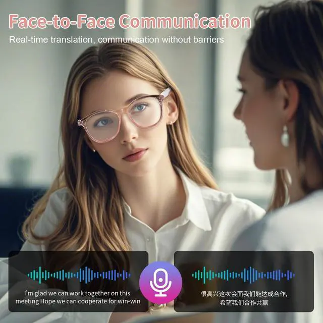 Alt view image 5 of 6 - AI Smart Glasses with Real-Time Translation, Wireless Bluetooth 5.3, Smart Simultaneous Interpretation for 160+ Languages, Open-Ear Design,Clear Frame Blue Light Glasses for Woman Travel,Work