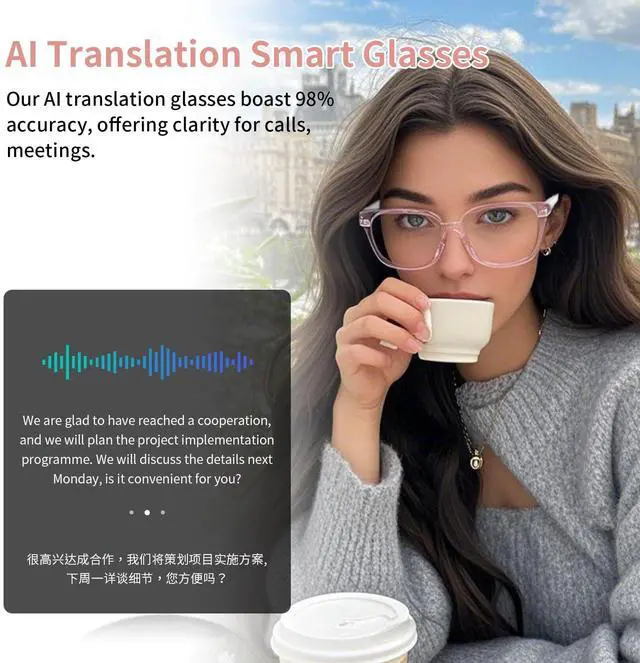 Alt view image 6 of 6 - AI Smart Glasses with Real-Time Translation, Wireless Bluetooth 5.3, Smart Simultaneous Interpretation for 160+ Languages, Open-Ear Design,Clear Frame Blue Light Glasses for Woman Travel,Work