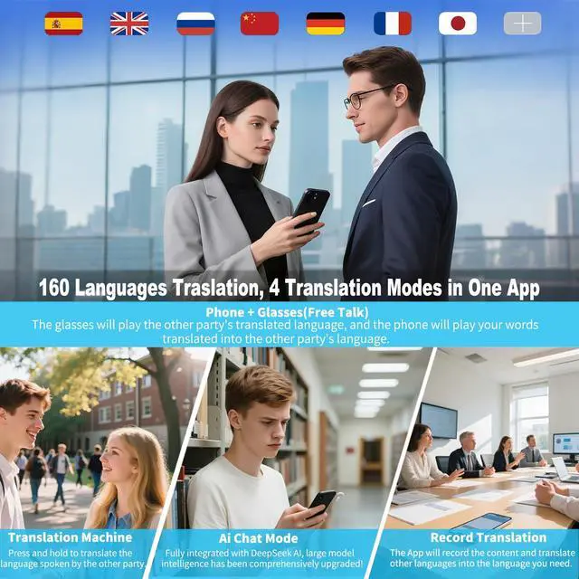 Alt view image 4 of 6 - Ai Smart Glasses Bluetooth 5.4 with Translation for Men Women 160+Languages Color-Change Lens Chat GPT Assistant Free App Translator Glasses Meeting,Driver,Travel