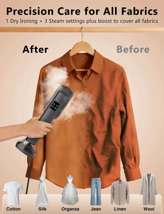 Alt view image 6 of 7 - Steamer for Clothes,Portable Handheld Garment Steamer, 200ml Capacity,1000W 15s Fast Heat-UP, Leak-Proof Fabric Wrinkle Remover Ceramic Panel, 2-in-1 Dry & Wet Iron for Home and Travel -Black&Golden