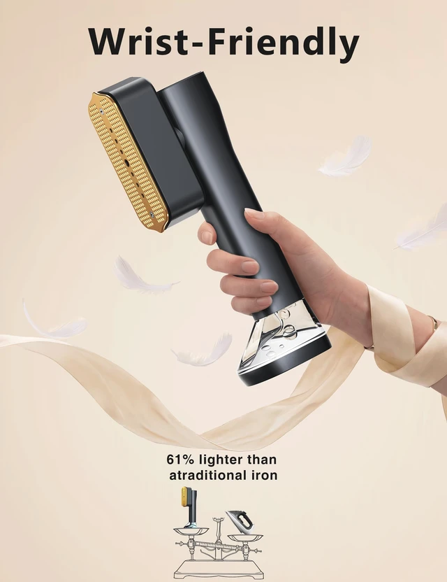 Alt view image 7 of 7 - Steamer for Clothes,Portable Handheld Garment Steamer, 200ml Capacity,1000W 15s Fast Heat-UP, Leak-Proof Fabric Wrinkle Remover Ceramic Panel, 2-in-1 Dry & Wet Iron for Home and Travel -Black&Golden