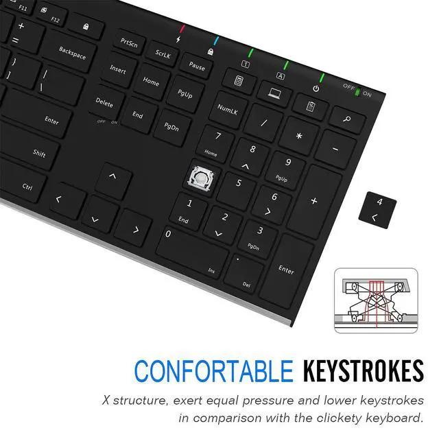 Alt view image 4 of 7 - 2.4G Wireless Keyboard Stainless Steel Ultra Slim Full Size Keyboard with Numeric Keypad for Computer/Desktop/PC/Laptop/Surface/Smart TV and Windows 10/8/ 7 Built in Rechargeable Battery