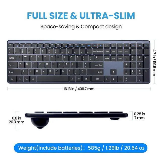 Alt view image 3 of 7 - Wireless Keyboard-2.4G Ultra Slim Quiet Full Size USB PC Computer Keyboard,19 Multimedia Keys,Number Pad,Plug&Play,Lag-Free Ergo,Long Battery Life for Desktop,Laptop,Smart TV,MAC,Windows,QWERTY