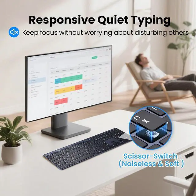 Alt view image 4 of 7 - Wireless Keyboard-2.4G Ultra Slim Quiet Full Size USB PC Computer Keyboard,19 Multimedia Keys,Number Pad,Plug&Play,Lag-Free Ergo,Long Battery Life for Desktop,Laptop,Smart TV,MAC,Windows,QWERTY