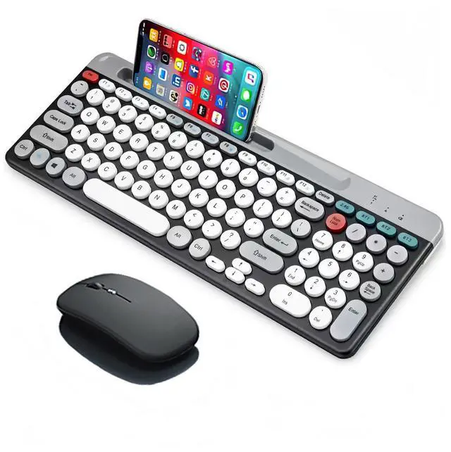 Main image of Wireless Keyboard and Mouse Combo with Phone Tablet Holder, Rechargeable Dual-Mode (Bluetooth 5.0 and 3.0 +2.4G) Multi-Device Silent Mouse for Windows, iPad, Tablet, MacOS,iOS,Android (White+Grey)