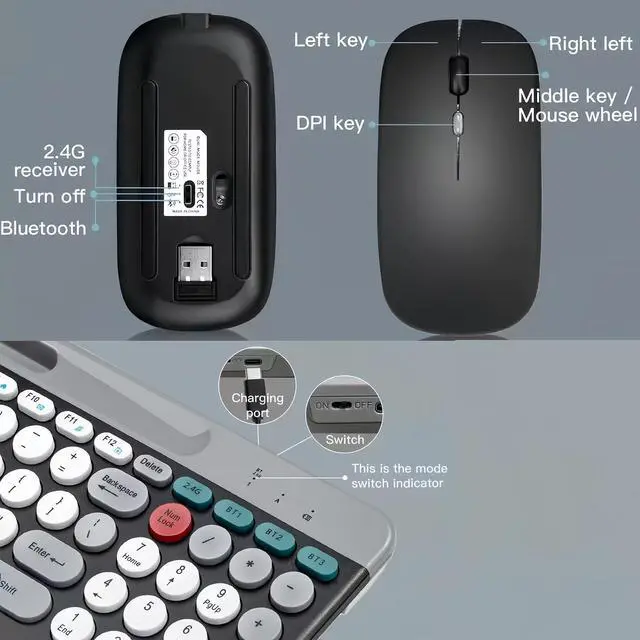 Alt view image 3 of 7 - Wireless Keyboard and Mouse Combo with Phone Tablet Holder, Rechargeable Dual-Mode (Bluetooth 5.0 and 3.0 +2.4G) Multi-Device Silent Mouse for Windows, iPad, Tablet, MacOS,iOS,Android (White+Grey)