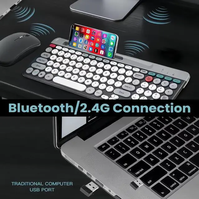 Alt view image 5 of 7 - Wireless Keyboard and Mouse Combo with Phone Tablet Holder, Rechargeable Dual-Mode (Bluetooth 5.0 and 3.0 +2.4G) Multi-Device Silent Mouse for Windows, iPad, Tablet, MacOS,iOS,Android (White+Grey)