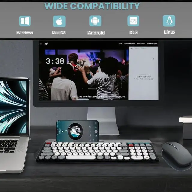 Alt view image 6 of 7 - Wireless Keyboard and Mouse Combo with Phone Tablet Holder, Rechargeable Dual-Mode (Bluetooth 5.0 and 3.0 +2.4G) Multi-Device Silent Mouse for Windows, iPad, Tablet, MacOS,iOS,Android (White+Grey)