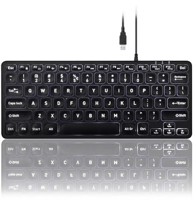 Main image of PERIBOARD-332 Wired Backlit USB Keyboard - Mini 11.22x4.57x0.83 Inches - Slim Scissor Keys with Big Font - White Illuminated LED - US English