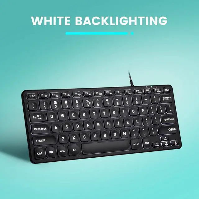 Alt view image 5 of 7 - PERIBOARD-332 Wired Backlit USB Keyboard - Mini 11.22x4.57x0.83 Inches - Slim Scissor Keys with Big Font - White Illuminated LED - US English