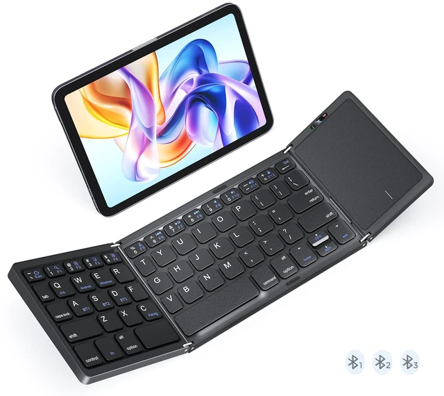 Main image of Foldable Bluetooth Keyboard with Touchpad, Slim Portable, Black | Folding rechargeable keyboard with full-size keys, portable design for travel, compatible with iOS Android Windows laptop PC