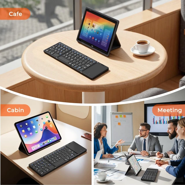 Alt view image 7 of 7 - Foldable Bluetooth Keyboard with Touchpad, Slim Portable, Black | Folding rechargeable keyboard with full-size keys, portable design for travel, compatible with iOS Android Windows laptop PC