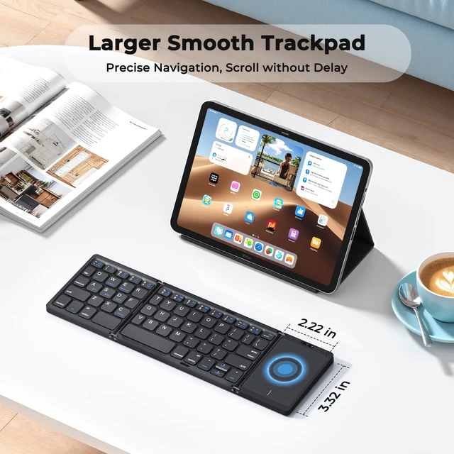 Alt view image 2 of 7 - Foldable Bluetooth Keyboard with Touchpad, Slim Portable, Black | Folding rechargeable keyboard with full-size keys, portable design for travel, compatible with iOS Android Windows laptop PC