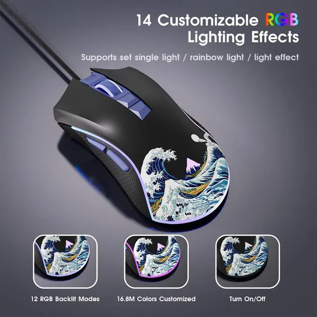 Alt view image 5 of 6 - Wired Gaming Mouse, 12000 DPI RGB Mouse with 12 Backlit Modes & 7 Macro Buttons, PC Gaming Mice Support DIY Keybinding, Gamer Computer Mice for Laptop PC Mac Windows, Kanagawa