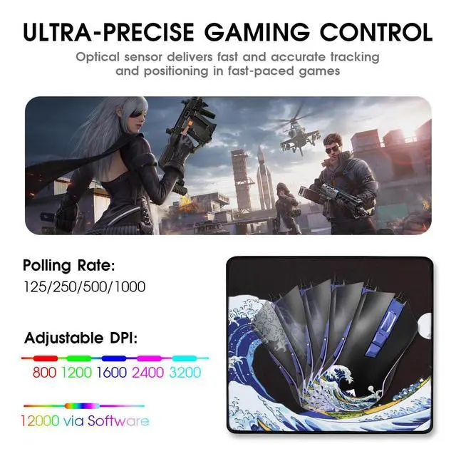 Alt view image 3 of 6 - Wired Gaming Mouse, 12000 DPI RGB Mouse with 12 Backlit Modes & 7 Macro Buttons, PC Gaming Mice Support DIY Keybinding, Gamer Computer Mice for Laptop PC Mac Windows, Kanagawa