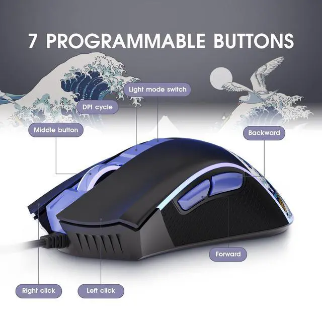 Alt view image 6 of 6 - Wired Gaming Mouse, 12000 DPI RGB Mouse with 12 Backlit Modes & 7 Macro Buttons, PC Gaming Mice Support DIY Keybinding, Gamer Computer Mice for Laptop PC Mac Windows, Kanagawa
