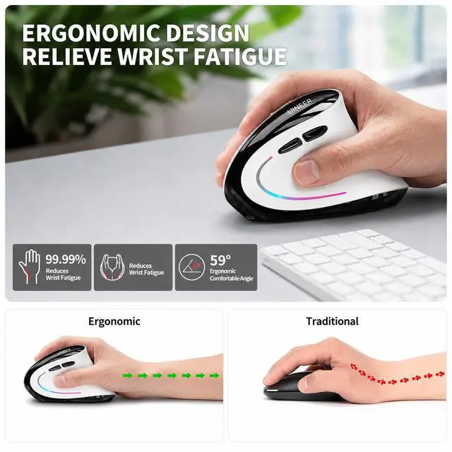 Alt view image 2 of 7 - Ergonomic Wireless Vertical Mouse, Tri-Mode Bluetooth 5.0/4.0 and 2.4G USB, Rechargeable Silent Computer Mouse for Laptop, MacBook, iPad and PC, 4 DPI Levels, LED Light, 3-Device Switching